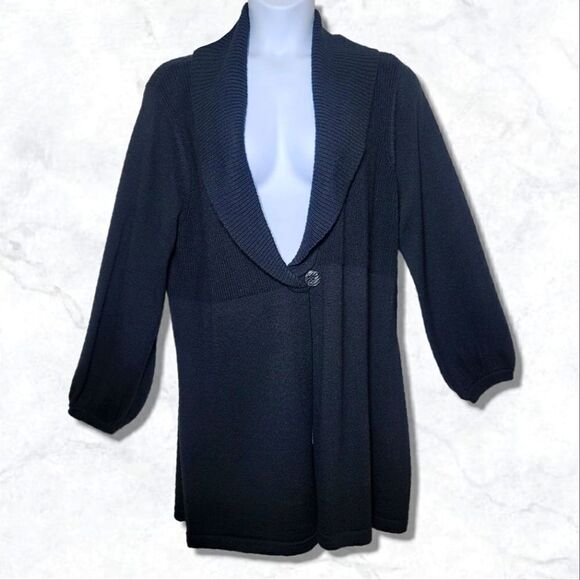 Mercer & Madison Wool Blend Black Bishop Sleeve Ribbed V-Neck Button Cardigain - Picture 2 of 8